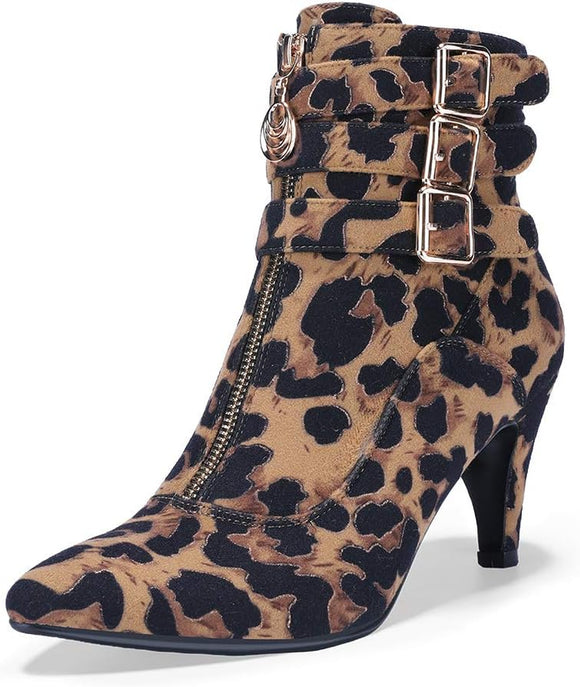 Women'S Pointed Toe Metal Buckle Two Strap Ankle Booties Side Zipper Kitten Heel Dress Classic Short Boots